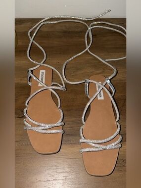 Steve Madden Silver Rhinestone Lace-Up Flat Sandals